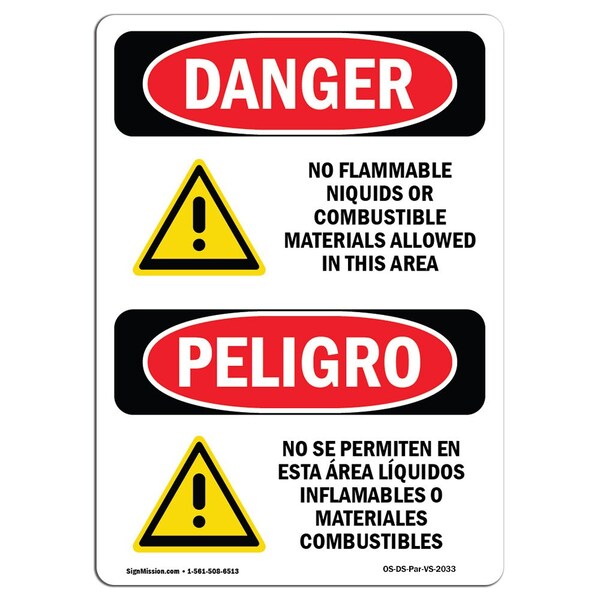 Safety Sign, OSHA, 5" Height, No Flammable Liquids Combustible Allowed, Span, 10PK